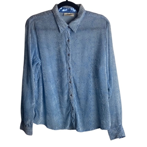 Wrangler Size Large Powder Blue Rinestone Snap Down Shirt Velvet Burn Out Top - Picture 1 of 7